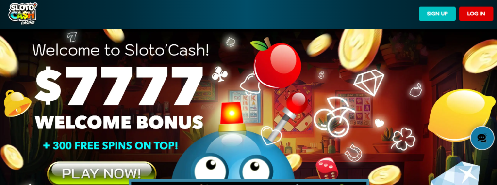 Snapshot of Slotocash home page showing $7777 welcome bonus + 300 free spins Slotocash